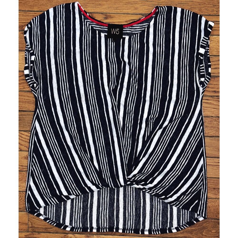 W5 Women's Large Gray Navy Blue & White Striped Roll Front Sleeveless Top